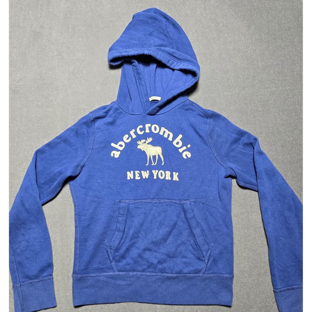 Abercrombie Kids Blue Graphic Logo Hoodie Sweatshirt Moose New York‎ Large Y2K